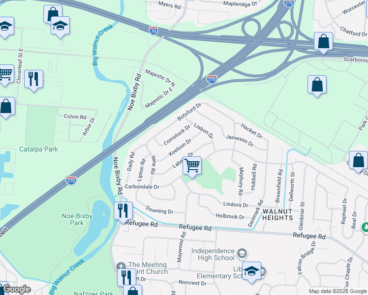 map of restaurants, bars, coffee shops, grocery stores, and more near 4989 Keelson Drive in Columbus
