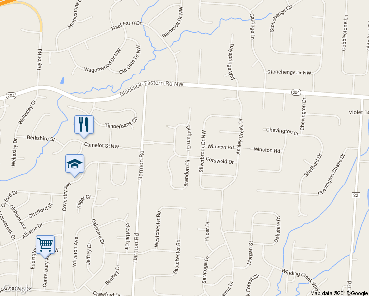 map of restaurants, bars, coffee shops, grocery stores, and more near 13225 Durham Circle in Pickerington