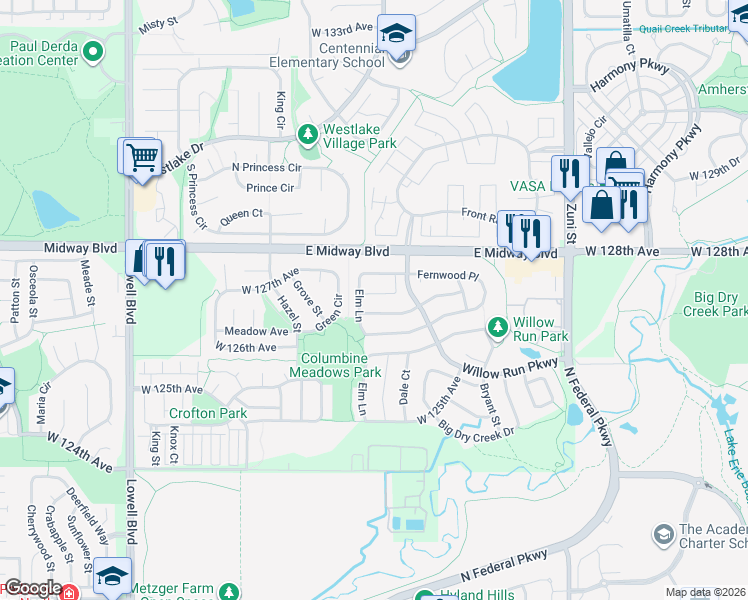 map of restaurants, bars, coffee shops, grocery stores, and more near 2876 Elaine Drive in Broomfield