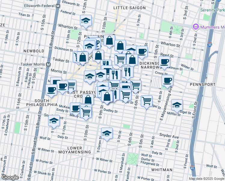 map of restaurants, bars, coffee shops, grocery stores, and more near 805 Moore Street in Philadelphia