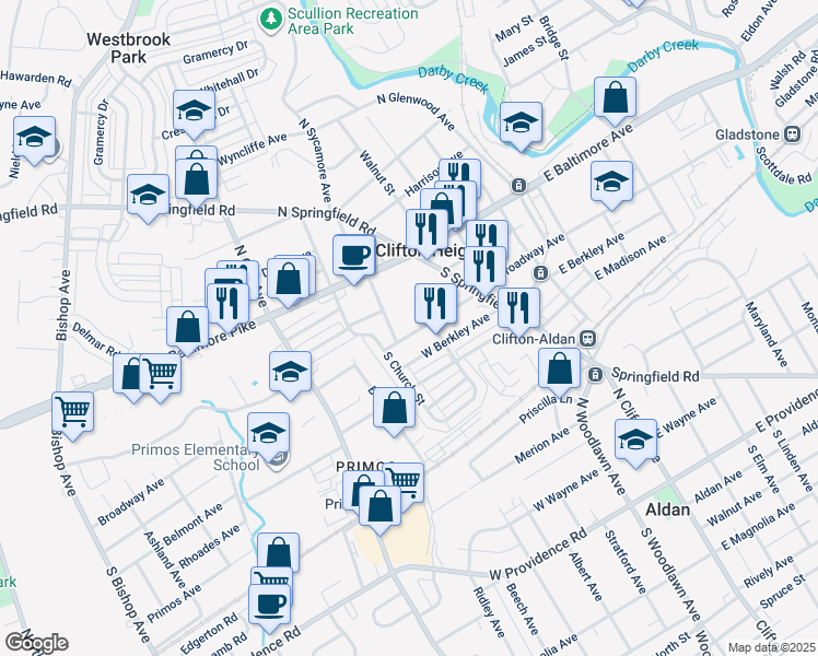 map of restaurants, bars, coffee shops, grocery stores, and more near 121 West Broadway Avenue in Clifton Heights