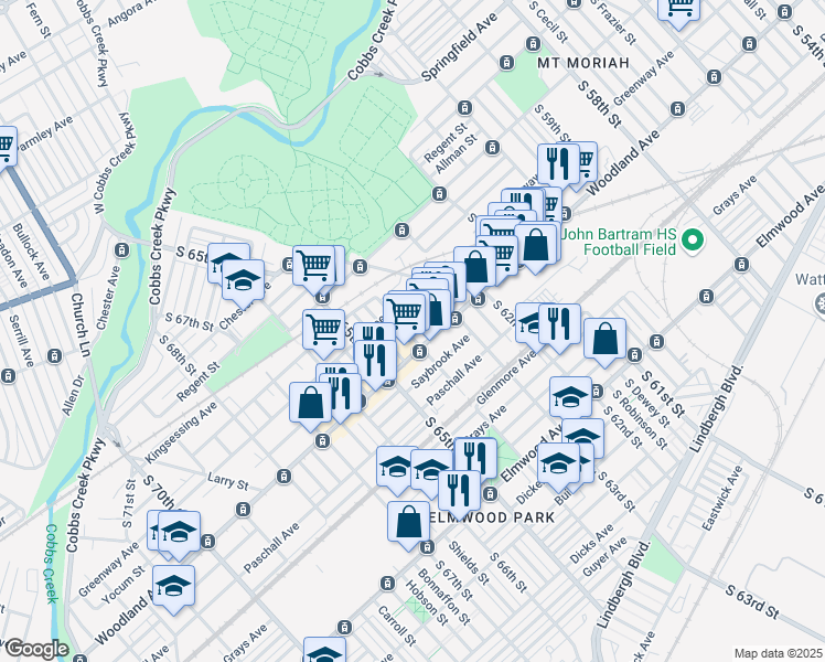 map of restaurants, bars, coffee shops, grocery stores, and more near 2135 South 64th Street in Philadelphia