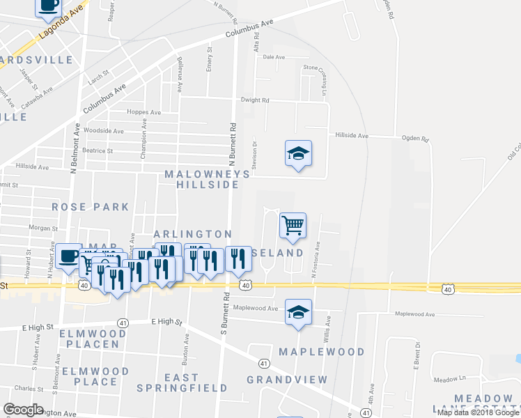 map of restaurants, bars, coffee shops, grocery stores, and more near 403 Roseland Avenue West in Springfield