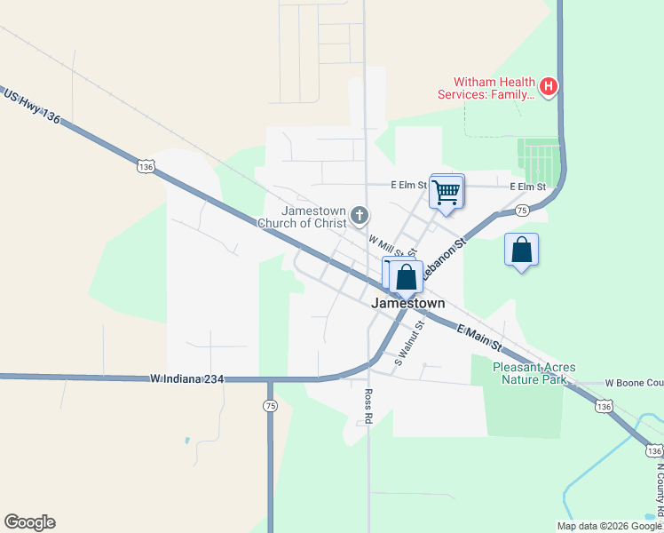 map of restaurants, bars, coffee shops, grocery stores, and more near 141 West Main Street in Jamestown