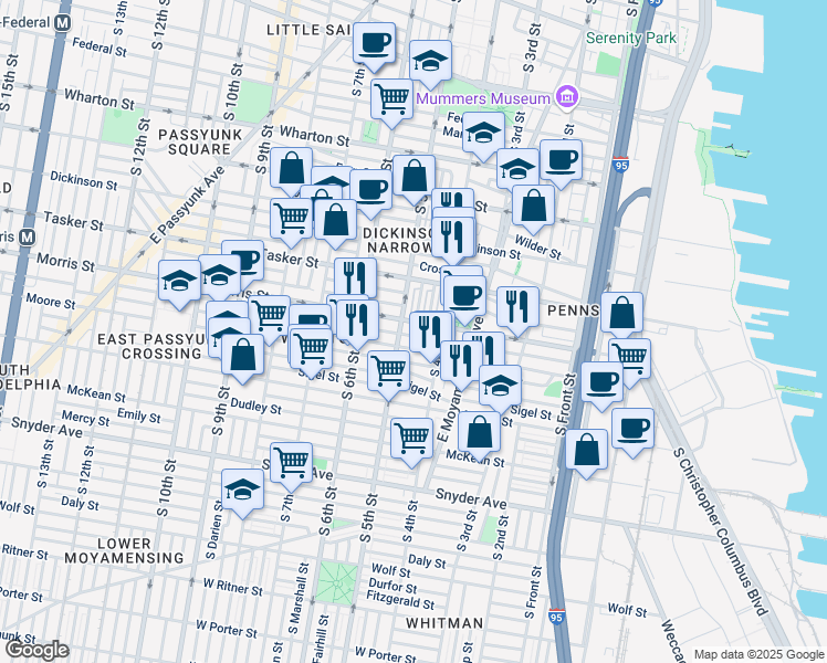 map of restaurants, bars, coffee shops, grocery stores, and more near 423 Watkins Street in Philadelphia