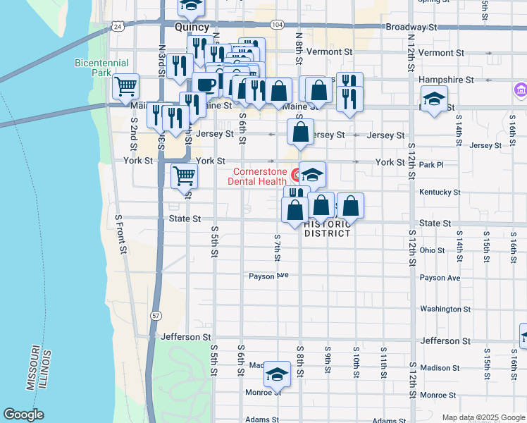 map of restaurants, bars, coffee shops, grocery stores, and more near 629 State Street in Quincy