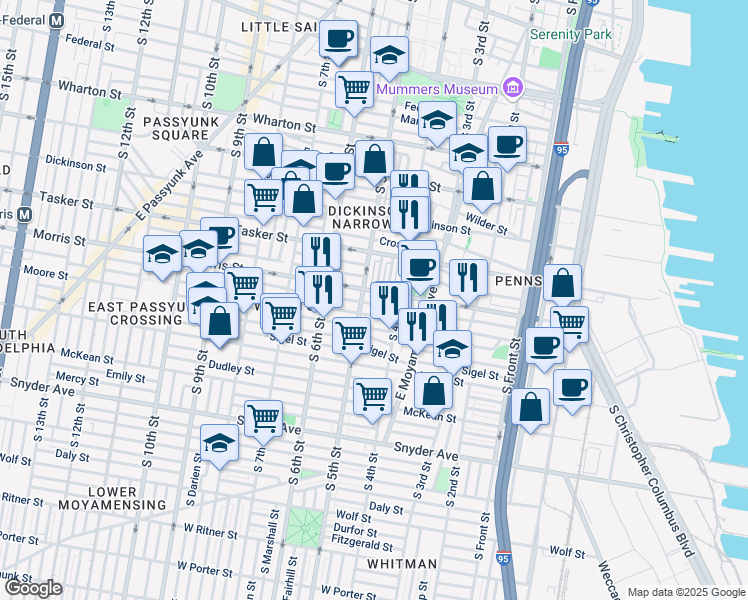 map of restaurants, bars, coffee shops, grocery stores, and more near 423 Watkins Street in Philadelphia