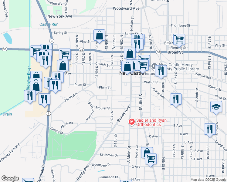 map of restaurants, bars, coffee shops, grocery stores, and more near 528 South 11th Street in New Castle