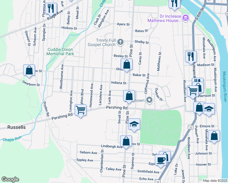 map of restaurants, bars, coffee shops, grocery stores, and more near 926 Nancy Avenue in Zanesville