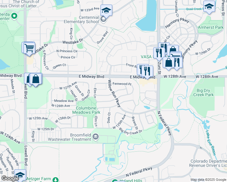 map of restaurants, bars, coffee shops, grocery stores, and more near 2830 Elaine Drive in Broomfield