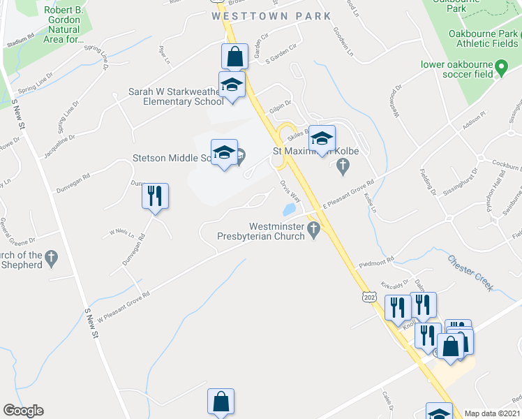 map of restaurants, bars, coffee shops, grocery stores, and more near 108 Hidden Pond Way in West Chester