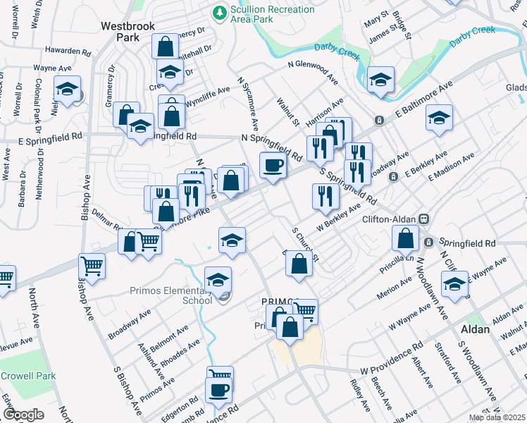 map of restaurants, bars, coffee shops, grocery stores, and more near 203 West Washington Avenue in Clifton Heights