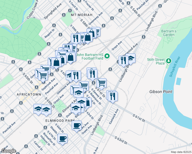 map of restaurants, bars, coffee shops, grocery stores, and more near 2452 South Edgewood Street in Philadelphia