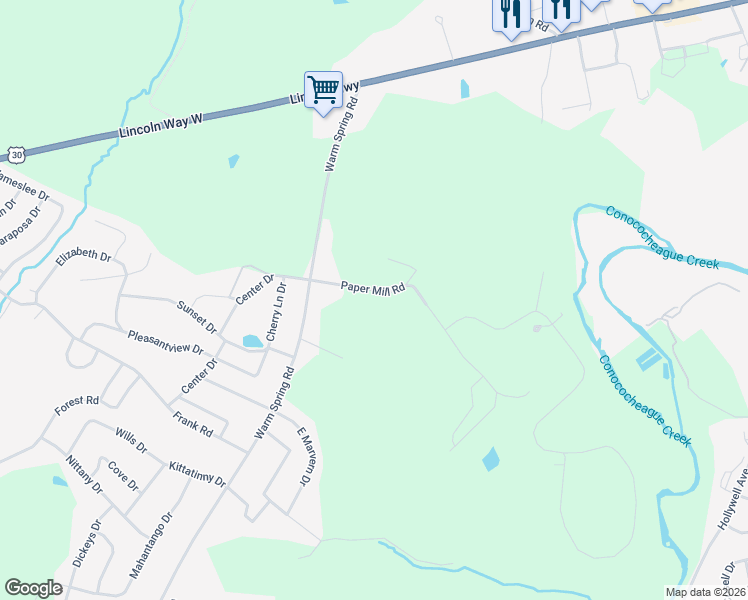 map of restaurants, bars, coffee shops, grocery stores, and more near 1076 Paper Mill Road in Chambersburg