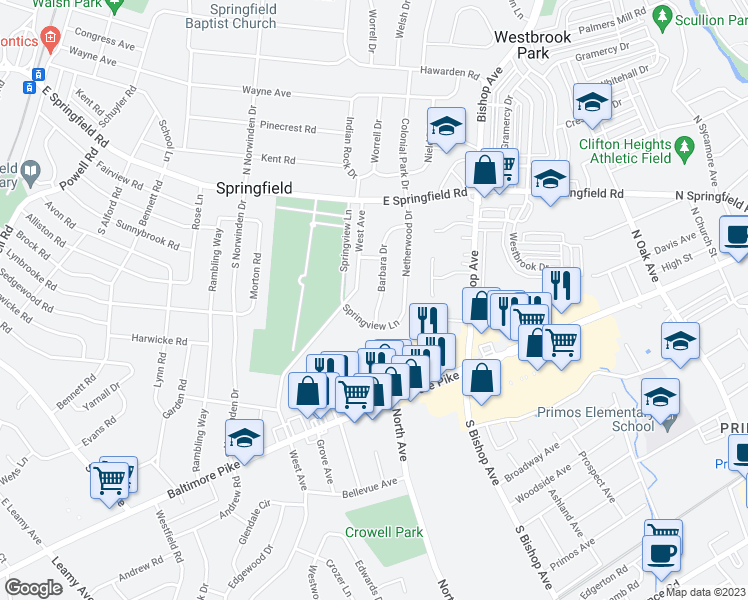 map of restaurants, bars, coffee shops, grocery stores, and more near 138 Barbara Drive in Springfield