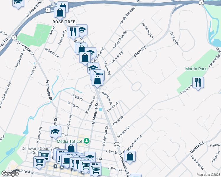map of restaurants, bars, coffee shops, grocery stores, and more near 8 Spring Street in Media