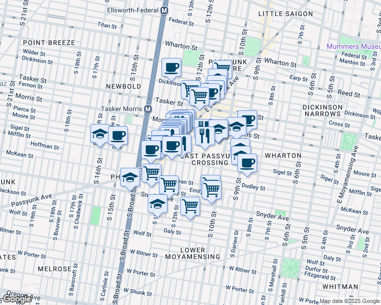 map of restaurants, bars, coffee shops, grocery stores, and more near 1822 South Sartain Street in Philadelphia
