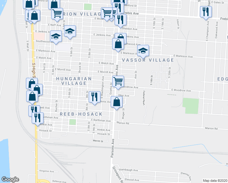 map of restaurants, bars, coffee shops, grocery stores, and more near 1775 Parsons Avenue in Columbus