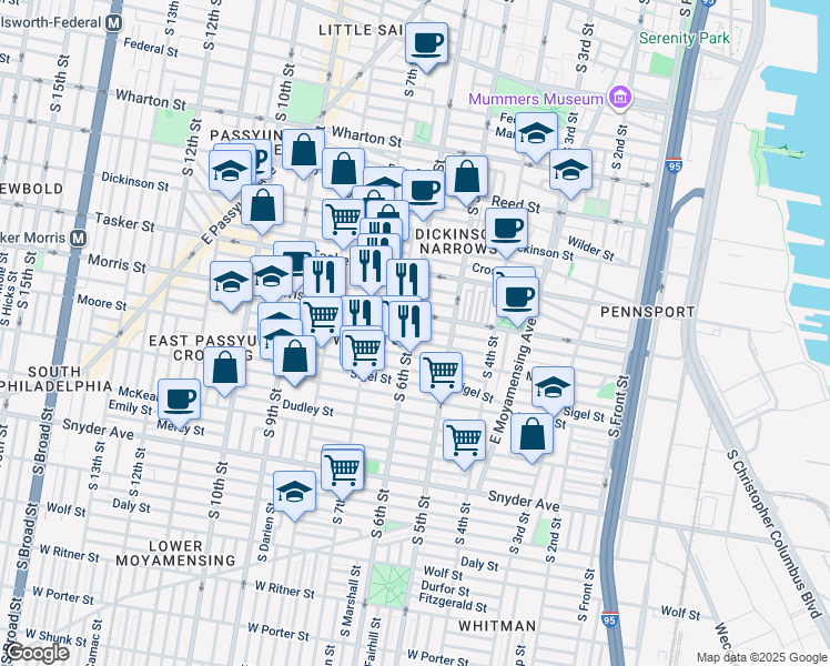 map of restaurants, bars, coffee shops, grocery stores, and more near 1717 South 6th Street in Philadelphia