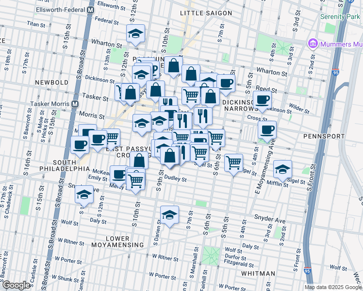 map of restaurants, bars, coffee shops, grocery stores, and more near 1734 South 8th Street in Philadelphia