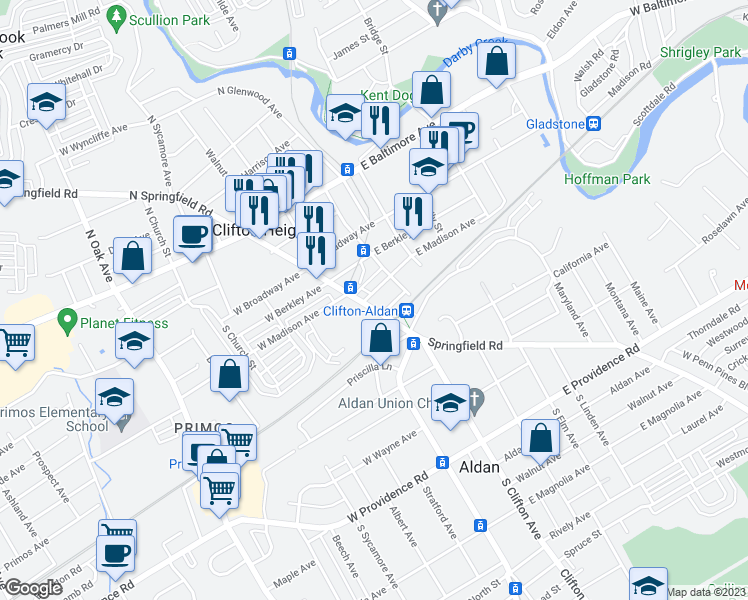 map of restaurants, bars, coffee shops, grocery stores, and more near 409 South Springfield Road in Clifton Heights