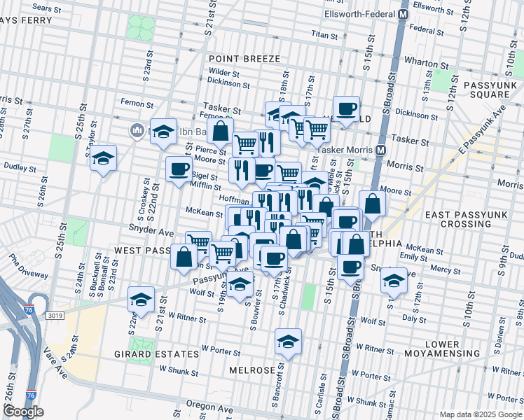 map of restaurants, bars, coffee shops, grocery stores, and more near 1922 S 18th St in Philadelphia