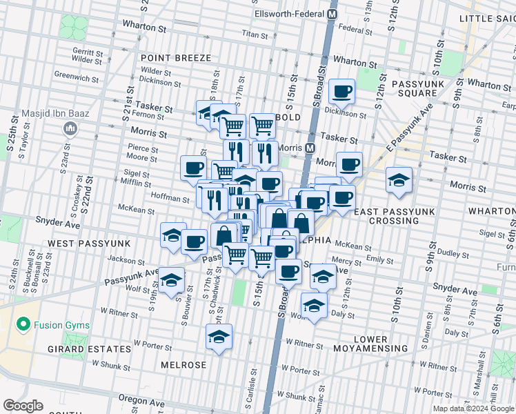 map of restaurants, bars, coffee shops, grocery stores, and more near 1522 Mifflin Street in Philadelphia