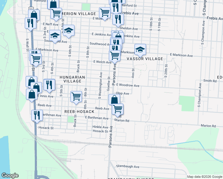 map of restaurants, bars, coffee shops, grocery stores, and more near 1775 Parsons Avenue in Columbus