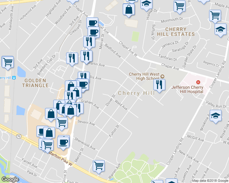 map of restaurants, bars, coffee shops, grocery stores, and more near 809 Dover Street in Cherry Hill