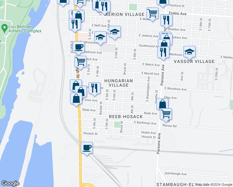 map of restaurants, bars, coffee shops, grocery stores, and more near 1738 South 6th Street in Columbus