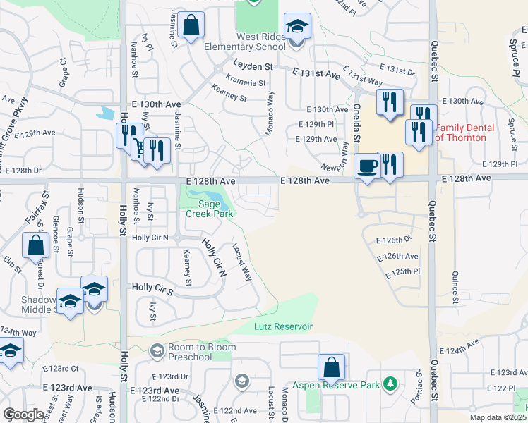 map of restaurants, bars, coffee shops, grocery stores, and more near 12703 Leyden Street in Thornton