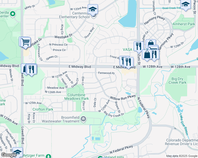 map of restaurants, bars, coffee shops, grocery stores, and more near 2830 Elaine Drive in Broomfield