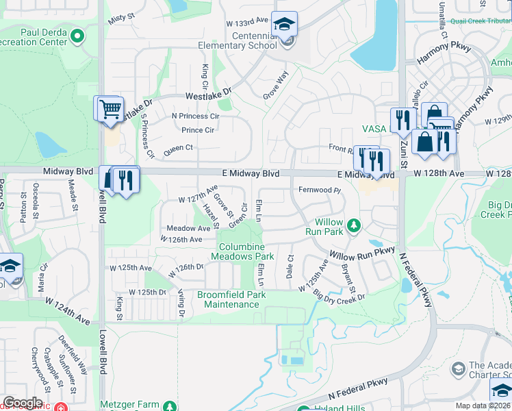 map of restaurants, bars, coffee shops, grocery stores, and more near 2876 Elaine Drive in Broomfield