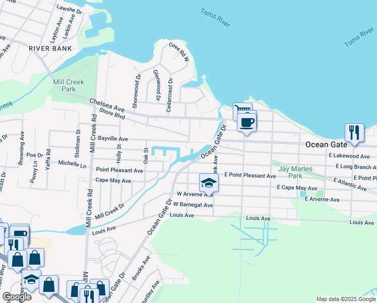 map of restaurants, bars, coffee shops, grocery stores, and more near 3 Sheila Court in Berkeley Township