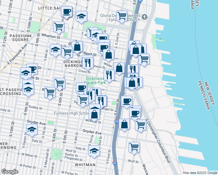 map of restaurants, bars, coffee shops, grocery stores, and more near 140 Fernon Street in Philadelphia