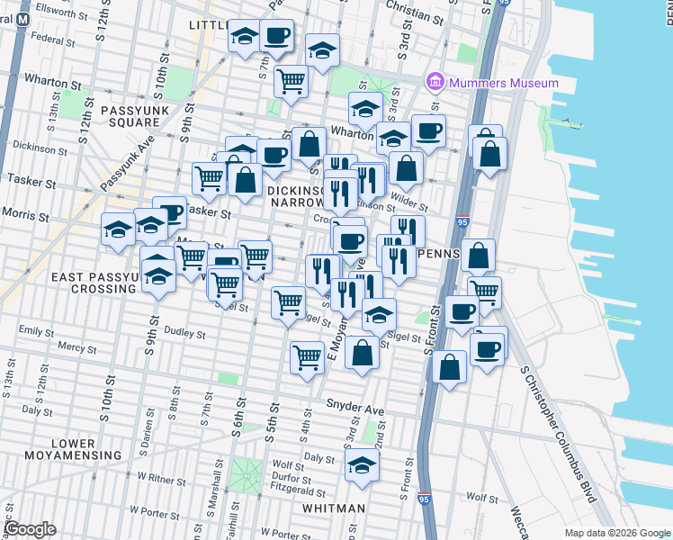 map of restaurants, bars, coffee shops, grocery stores, and more near 04th Tasker Street in Philadelphia