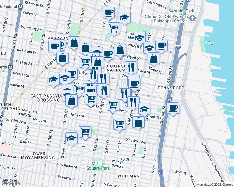 map of restaurants, bars, coffee shops, grocery stores, and more near in Philadelphia