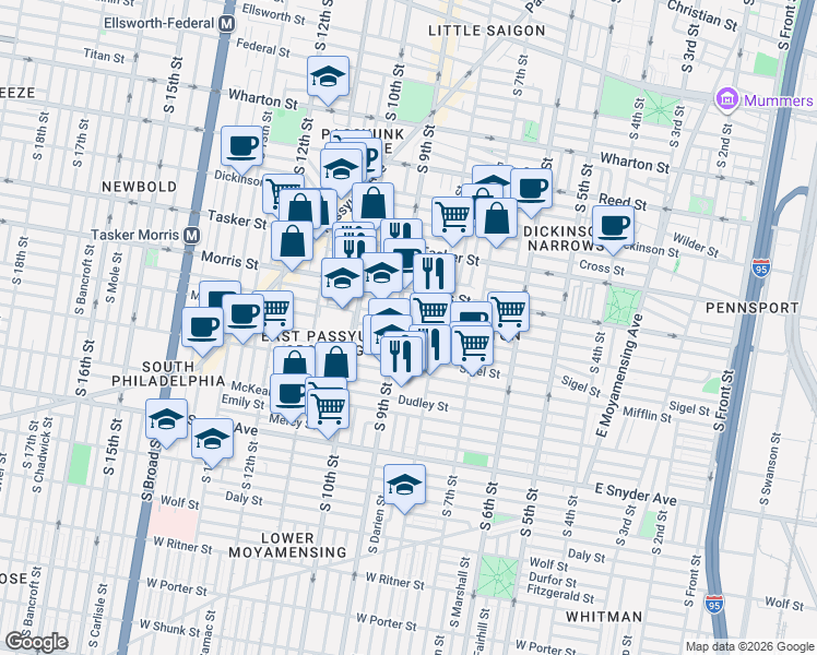 map of restaurants, bars, coffee shops, grocery stores, and more near 1740 South 9th Street in Philadelphia