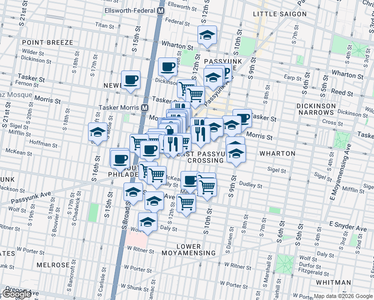 map of restaurants, bars, coffee shops, grocery stores, and more near 1822 South Sartain Street in Philadelphia