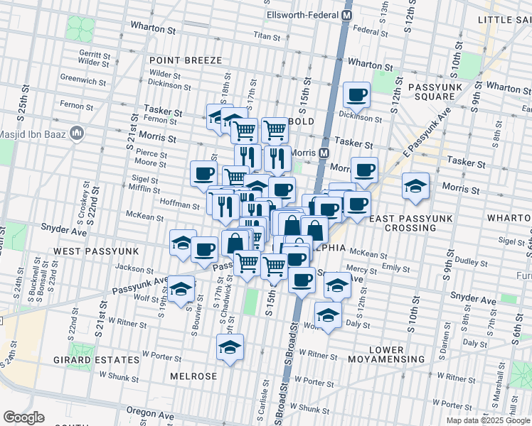map of restaurants, bars, coffee shops, grocery stores, and more near 1912 South 16th Street in Philadelphia