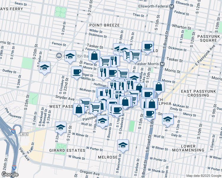 map of restaurants, bars, coffee shops, grocery stores, and more near 1922 S 18th St in Philadelphia