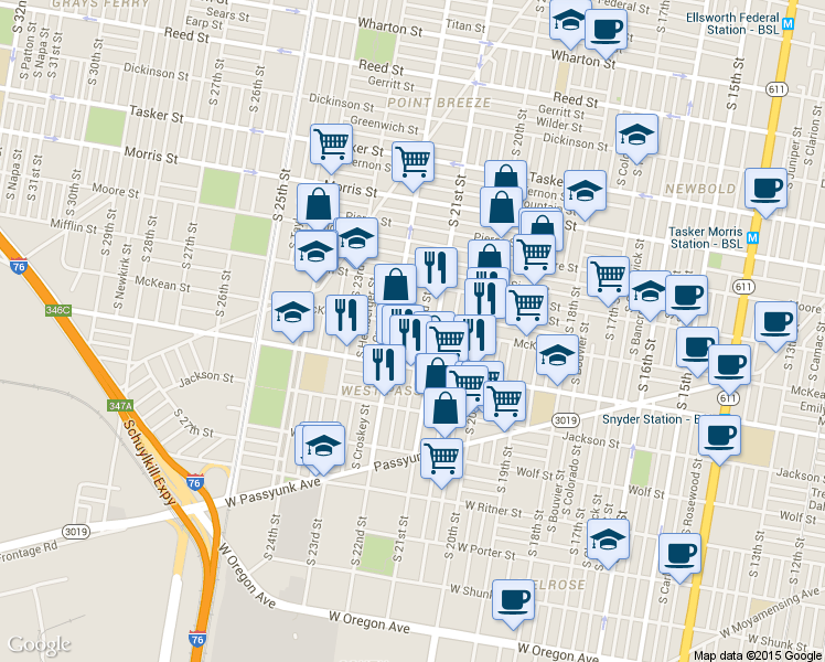map of restaurants, bars, coffee shops, grocery stores, and more near in Philadelphia