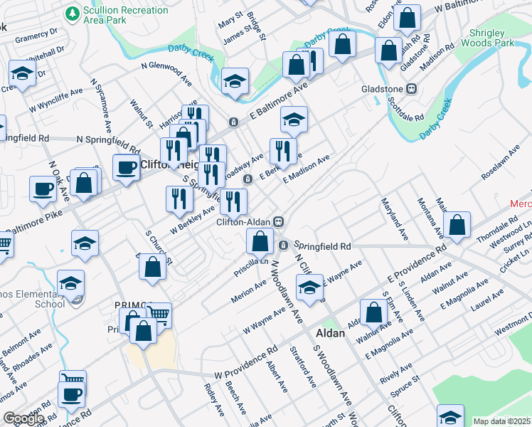 map of restaurants, bars, coffee shops, grocery stores, and more near 1 Jefferson Street in Clifton Heights