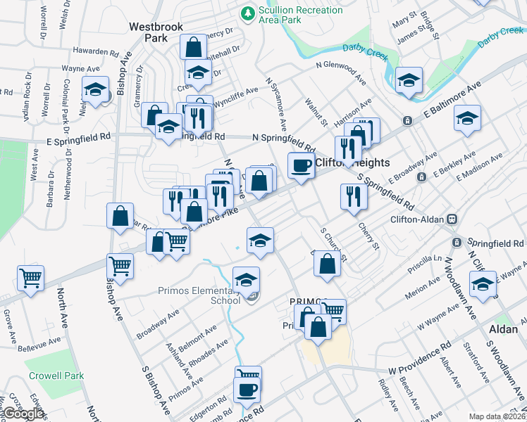 map of restaurants, bars, coffee shops, grocery stores, and more near 251 Cambridge Road in Clifton Heights