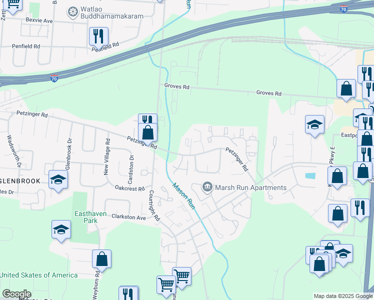 map of restaurants, bars, coffee shops, grocery stores, and more near 2239 Courtside Drive in Columbus