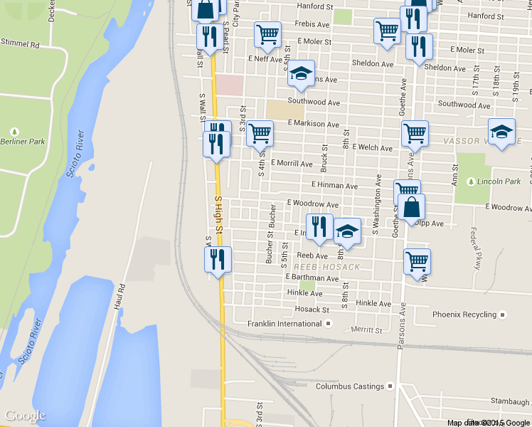 map of restaurants, bars, coffee shops, grocery stores, and more near 1725 South 4th Street in Columbus