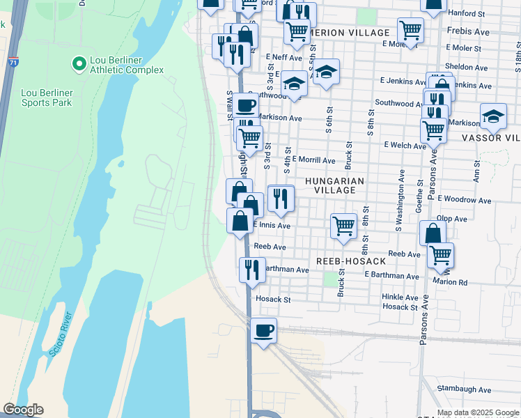 map of restaurants, bars, coffee shops, grocery stores, and more near 1704 South Pearl Street in Columbus