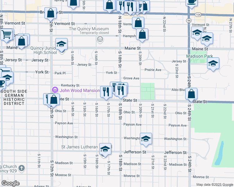 map of restaurants, bars, coffee shops, grocery stores, and more near 426-430 South 18th Street in Quincy