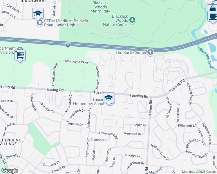 map of restaurants, bars, coffee shops, grocery stores, and more near 2553 John Steven Way in Reynoldsburg