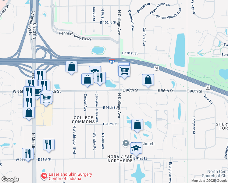 map of restaurants, bars, coffee shops, grocery stores, and more near 699 East 96th Street in Indianapolis